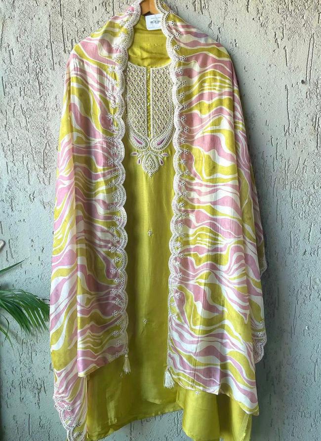 Chinnon Silk Yellow Daily Wear Embroidery Work Readymade Kurti Set